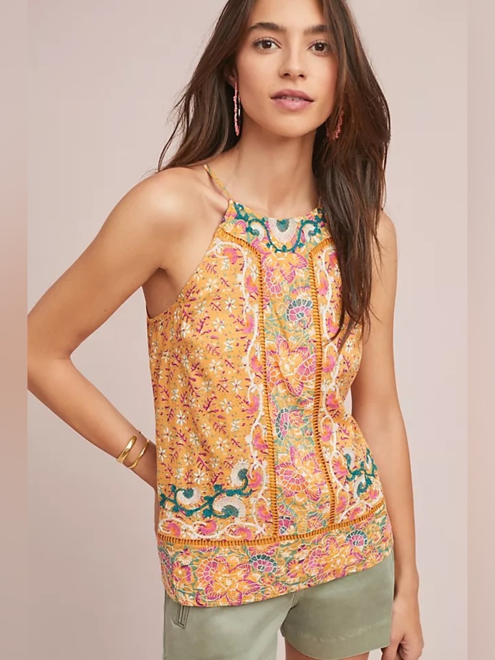 Akemi + Kin Anthropologie Melina Yellow Floral Embroidered Halter Top